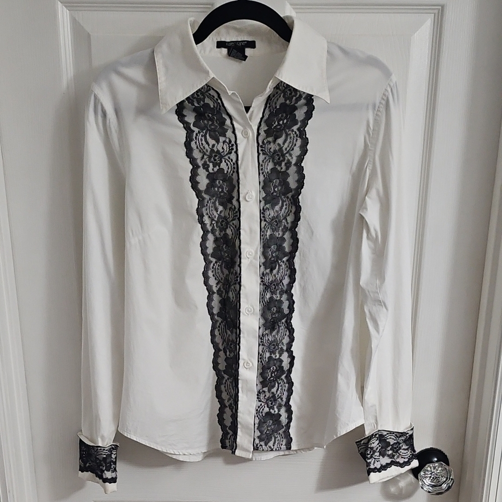 Karen Kane Ivory and Charcoal Lace Button Down Shirt